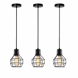 STOEX Lot de 3 Lustre suspension luminaire E27 en metal industrielle design cage corde ajustable pour cuisine chambre restaurant, Noir