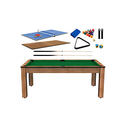 Jardindeco Billard convertible table 8 personnes Arizona + plateau 2 en 1 + pack d'accessoires hêtre boisé et vert (tapis)