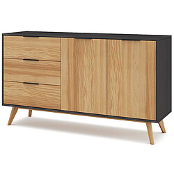 Avis Pegane Buffet en pin massif décor ciré naturel et noir, meuble de rangement - Longueur 140 x Profondeur 40 x Hauteur 80 cm