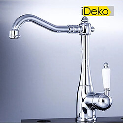 iDeko® Robinet Mitigeur d’évier cuisine finition chromée robinet de cuisine en laiton (poignée blanche)