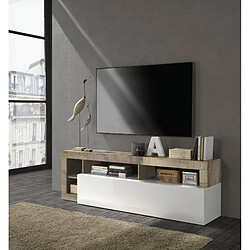 Alter Meuble TV de salon, Made in Italy, Buffet pour TV de salon avec 1 porte et compartiments ouverts, cm 184x42h58, couleur blanc brillant et poire