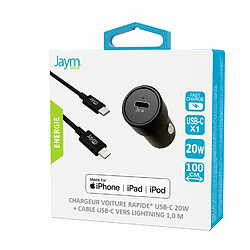 Jaym - Pack Chargeur voiture Rapide USB-C 20W PD + Câble USB-C 1 mètre Compatible Lightning MFI Blanc