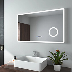 EMKE Miroir de salle de bain LED avec Loupe 3 Fois 100x60cm | Loupe 3x, Interrupteur Tactile, Horloge | Lumière Blanche Froide/Chaude/Neutre