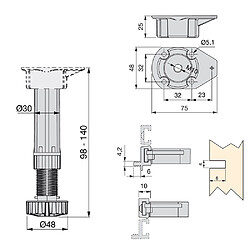 Emuca Pied réglable pour meuble, réglable 98 - 140 mm, Plastique, Noir, 4 ut.