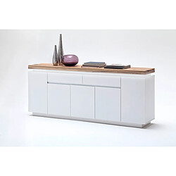 Avis Pegane Buffet LED laqué blanc mat avec plateau en chêne noueux huilé - L200 x H81 x P40 cm