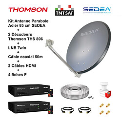 Kit Parabole Acier 85 cm Anthracite + LNB Twin Full HD 4K + 2 Décodeurs THS 806 TNTSAT + Câble coax 50m + 2 Câbles HDMI + 4 fiches F 