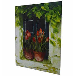 L'Héritier Du Temps Grand Tableau Cadre Mural en Bois avec Impression sur Toile Motifs Floral Tulipes en Pot sur Fenêtre 2,50x89,50x119cm