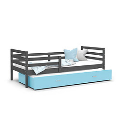 Kids Literie Lit Gigogne Milo 90x190 Gris - bleu Livré avec sommiers, tiroir et matelas en mousse de 7cm