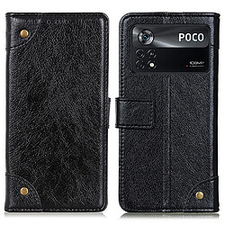 Etui en PU texture nappa, bouton décoratif en laiton avec support, noir pour votre Xiaomi Poco X4 Pro 5G