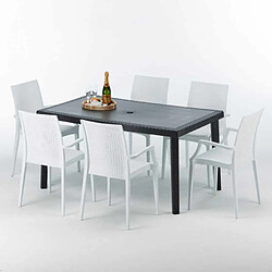 Grand Soleil Table rectangulaire et 6 chaises Poly rotin colorées 150x90cm noir Enjoy, Chaises Modèle: Bistrot Arm Blanc