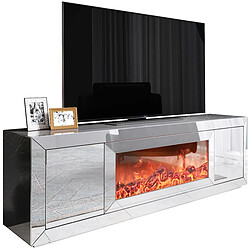 Vivenla Meuble tv design avec cheminée artificielle intégrée en miroir clair livré monté 200cm de largeur collection FIBRAMU