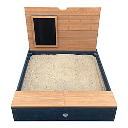 Acheter AXI Mandy Sandbox en bois avec banc, espace de rangement, couvercle et tableau noir | Bac à sable en anthracite et marron avec tapis de sol | 100 x 90 cm