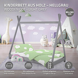 ML-Design Lit d'enfant Tipi + matelas lit style scandinave en bois de pin gris 80x160 cm