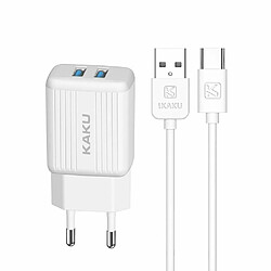 iKaku KSC-373 Set 2en1 Smart Double Prise USB 2.4A Chargeur Secteur + Câble Type-C 1m Blanc