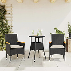 vidaXL Ensemble à manger de jardin et coussins 3 pcs noir rotin acacia