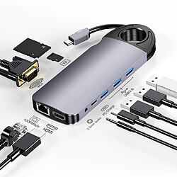 Hub USB C 10 en 1 avec port Ethernet PD / Gigabit / USB3.0 / TF / SD / HDMI / VGA / 3,5 M audio