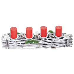 Decoshop26 Couronne de l'Avent allongée décoration de Noël en bois 60x16x9cm blanc-gris avec bougies rouge 04_0002555