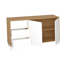 Pegane Buffet / Meuble de rangement coloris chêne/blanc - Hauteur 80 x Longueur 140 x Profondeur 34 cm