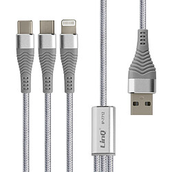 LinQ Câble 3 en 1 vers USB-C MicroUSB et Lightning 70 cm Nylon Tressé Argent