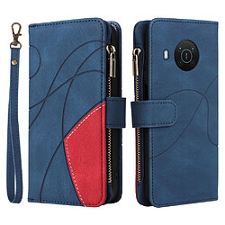 Etui en PU épissage bicolore avec porte-cartes et pochette à fermeture éclair, bleu pour votre Nokia X20/X10