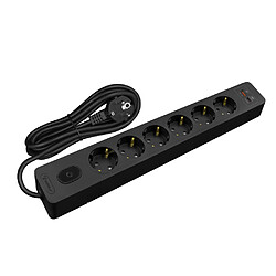 Null Multiprise SELDUR G6TH22S, 6 prises type F + interrupteur, USB A+C charge rapide 20W, Noir, câble 2m