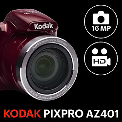 KODAK Pixpro AZ401 - Appareil Photo Bridge Numérique 16 Mpixels, Enregistrement vidéo, Grand angle 24 mm, Ecran LCD 7,6 cm, Panorama 180° - Rouge - Rouge