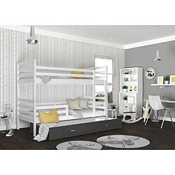 Kids Literie Lit Superposé 3 Places Milo 90x190 Blanc - gris Livré avec sommiers, tiroir et matelas en mousse de 7cm