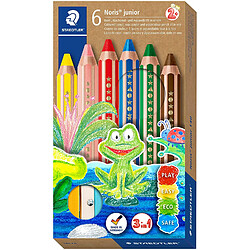 Staedtler Noris Junior Pack de 6 Crayons de Couleur Extra Epais + Taille-Crayon - 3 en 1, Crayon, Craie et Aquarelle - Couleurs Assorties