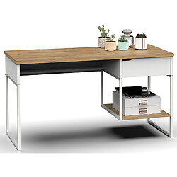 Pegane Bureau, table de travail en aggloméré finition chêne avec pieds en métal blanc - Longueur 137.5 x Profondeur 58 x Hauteur 76 cm