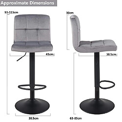 Decoshop26 Lot de 2 tabourets de bar avec dossier tissu velours gris hauteur réglable repose-pieds TDB09154