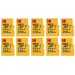 Pack de 10 KODAK Cartes Mémoire Micro SD - 256GB, Classe 10, Haute Performance, avec Adaptateur - Noir