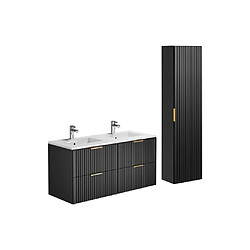 Vente-Unique Meuble de salle de bain suspendu strié avec vasque à encastrer et colonne - Noir - 120 cm - ZEVARA