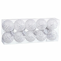 BigBuy Christmas Boules de Noël Blanc Argenté Plastique Tissu Paillettes 6 x 6 x 6 cm (10 Unités)