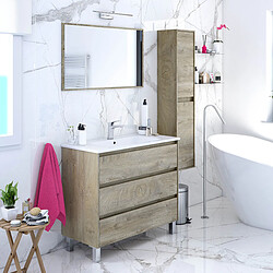 Pegane Meuble de salle de bain de 3 Tiroirs + Miroir coloris alaska chêne nordic -Longueur 100 cm x Hauteur 86 cm x Profondeur 45 cm