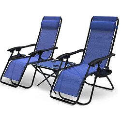 Vounot Lot de 2 Chaise longue inclinable en textilene avec table d'appoint porte gobelet et portable bleu