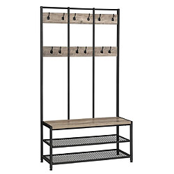 Helloshop26 Grand portemanteau meuble d’entrée avec 12 crochets et banc à chaussures style industriel vestiaire étagère pour bureau chambre cadre en acier 184 cm grège et noir 12_0002671