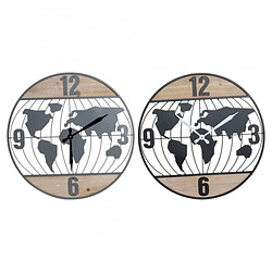 Look & Feel Horloge Murale DKD Home Decor Noir Gris Fer Bois MDF Mappemonde (2 pcs) (60 x 4.5 x 60 cm)