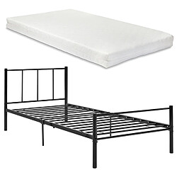 Lit simple Laos avec Matelas et Sommier à Lattes 90 x 200 cm Noir [en.casa]