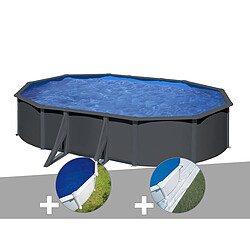 Kit piscine acier gris anthracite Gré Louko ovale 5,27 x 3,27 x 1,22 m + Bâche à bulles + Tapis de sol