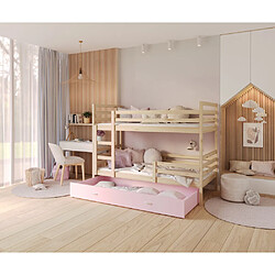 Kids Literie Lit Superposé Milo 90x190 Pin - rose Livré avec sommiers, tiroir et matelas en mousse de 7cm