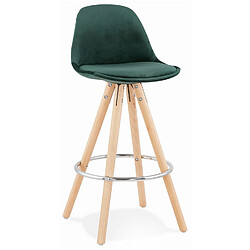 Alterego Tabouret snack mi-hauteur 'SPIRIT MINI' en velours vert et pieds en bois naturel