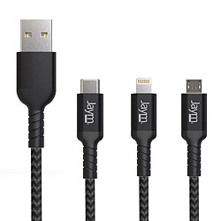 Avis Jaym - Cable Premium 1,5 m - USB-A vers 3 Sorties : Lightning, Type-C et Micro USB - Garanti à Vie - Ultra renforcé - Longueur 1,5 mètres