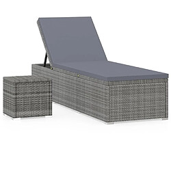 Helloshop26 Transat chaise longue bain de soleil lit de jardin terrasse meuble d'extérieur avec coussin et table à thé résine tressée gris 02_0021024