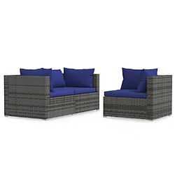 vidaXL Salon de jardin 3 pcs avec coussins Gris Résine tressée