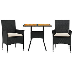 vidaXL Ensemble à manger de jardin et coussins 3 pcs noir rotin acacia