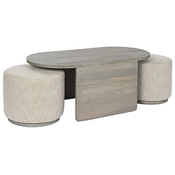 Pegane Set de table d'appoint en bois de manguier + 2 poufs en polyester coloris gris