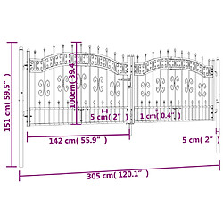 vidaXL Portail et sommet de lance Noir 305x151 cm Acier enduit poudre pas cher