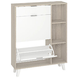 Pegane Commode Meuble à chaussures coloris chêne clair / blanc - Longueur 90 x Hauteur 112 x Profondeur 24.5 cm