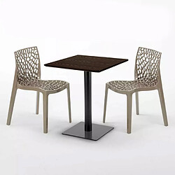 Avis Grand Soleil Table carrée 60x60 pied noir et surface bois avec 2 chaises colorées Gruvyer Kiss - Beige Juta