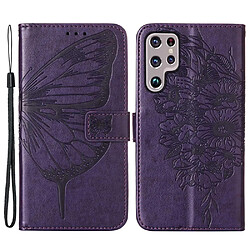 Etui en PU motif de papillons et de fleurs avec support et sangle pour votre Samsung Galaxy S23 Ultra - violet foncé